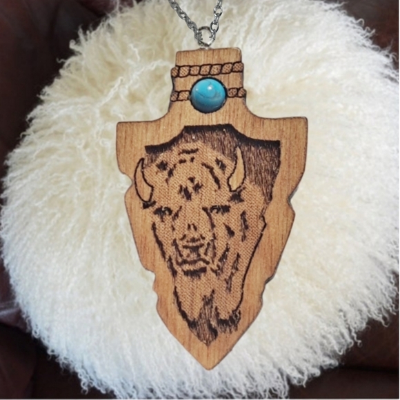 .Wooden Bison Hand Carved Pendant with Turquoise Stone and Stainless Steel Neck - Picture 5 of 5